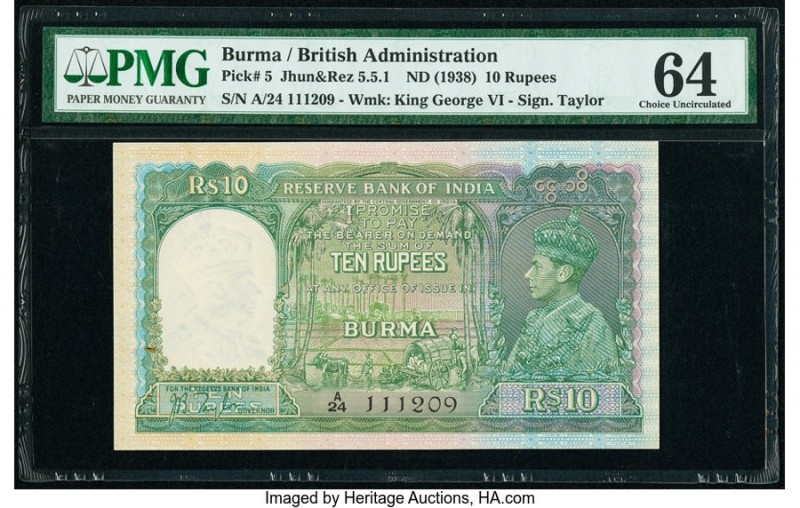 Burma Reserve Bank of India 10 Rupees ND (1938) Pick 5 Jhunjhunwalla-Razack 5.5....