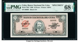 Cuba Banco Nacional de Cuba 10 Pesos 1960 Pick 79s2 Specimen PMG Superb Gem Unc 68 EPQ. Two POCs; black MUESTRA overprints.

HID09801242017

© 2020 He...