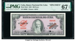 Cuba Banco Nacional de Cuba 100 Pesos 1958 Pick 82s3 Specimen PMG Superb Gem Unc 67 EPQ. Two POCs; red MUESTRA overprints.

HID09801242017

© 2020 Her...