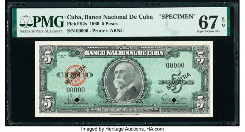 Cuba Banco Nacional de Cuba 5 Pesos 1960 Pick 92s Specimen PMG Superb Gem Unc 67...