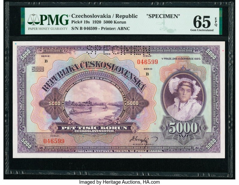 Czechoslovakia Republika Ceskoslovenska 5000 Korun 1920 Pick 19s Specimen PMG Ge...