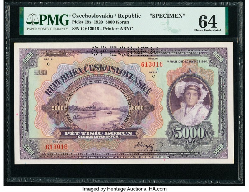 Czechoslovakia Republika Ceskoslovenska 5000 Korun 1920 Pick 19s Specimen PMG Ch...