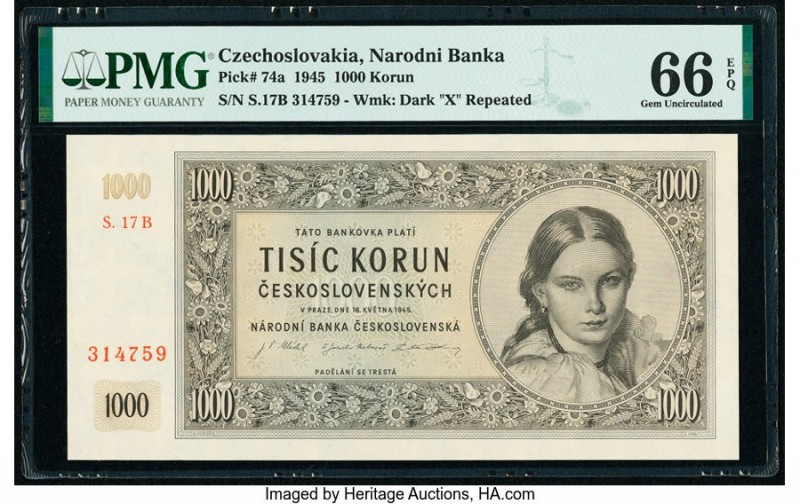 Czechoslovakia Narodni Banka Ceskoslovenska 1000 Korun 1945 Pick 74a PMG Gem Unc...