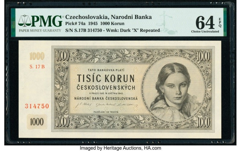 Czechoslovakia Narodni Banka Ceskoslovenska 1000 Korun 1945 Pick 74a PMG Choice ...