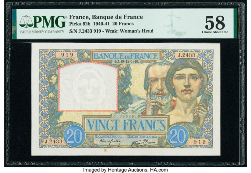 France Banque de France 20 Francs 19.12.1940 Pick 92b PMG Choice About Unc 58. M...