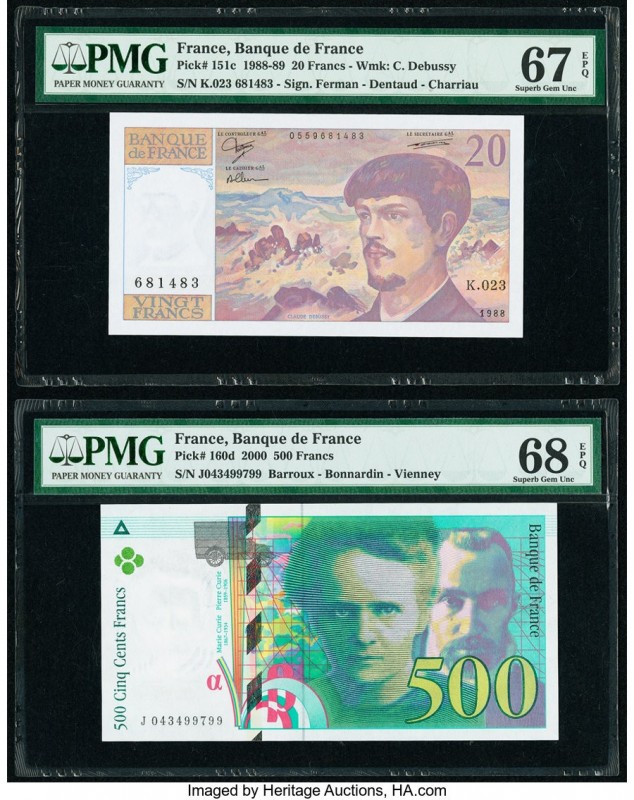 France Banque de France 20; 500 Francs 1988-89; 2000 Pick 151c; 160d Two Example...