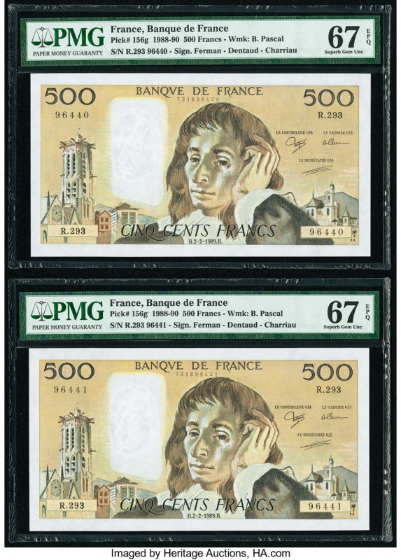 France Banque de France 500 Francs 2.2.1989 Pick 156g Two Consecutive Examples P...