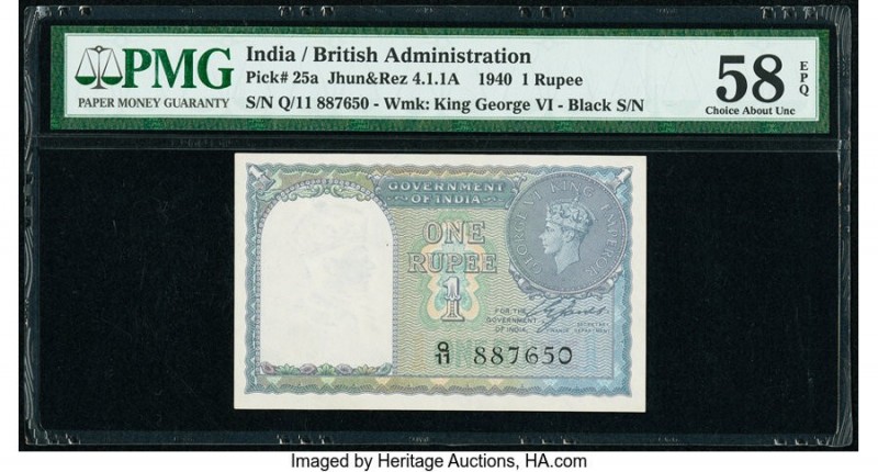 India Government of India 1 Rupee 1940 Pick 25a Jhunjhunwalla-Razack 4.1.1A PMG ...
