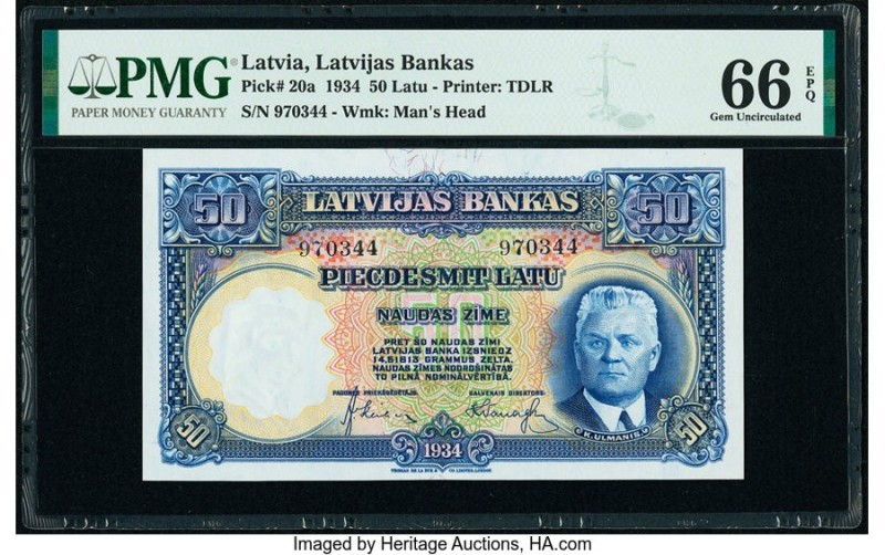 Latvia Bank of Latvia 50 Latu 1934 Pick 20a PMG Gem Uncirculated 66 EPQ. 

HID09...