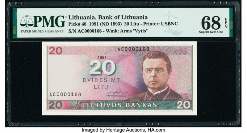 Lithuania Bank of Lithuania 20 Litu 1991 (ND 1993) Pick 48 PMG Superb Gem Unc 68...