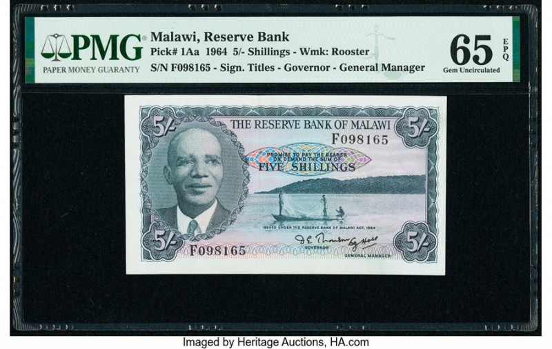 Malawi Reserve Bank of Malawi 5 Shillings 1964 Pick 1Aa PMG Gem Uncirculated 65 ...