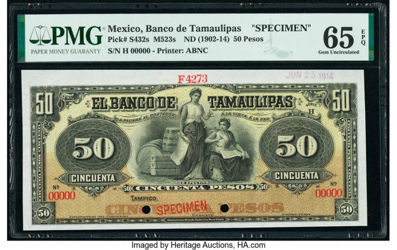 Mexico Banco de Tamaulipas 50 Pesos ND (1902-14) Pick S432s M523s Specimen PMG G...