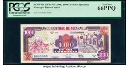 Nicaragua Banco Central de Nicaragua 1000 Cordobas ND (1991) Pick 178Bs Specimen PCGS Gem New 66PPQ. Red Sin Valor Comerical overprint.

HID0980124201...