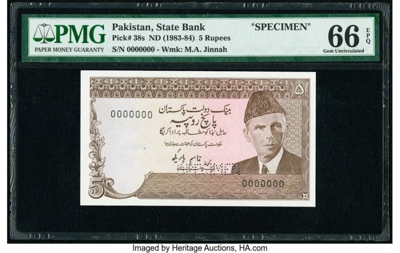 Pakistan State Bank of Pakistan 5 Rupees ND (1983-84) Pick 38s Specimen PMG Gem ...