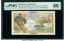 Saint Pierre and Miquelon Caisse Centrale de la France d'Outre-Mer 1 Nouveau Franc on 50 Francs ND (1960) Pick 30b PMG Gem Uncirculated 66 EPQ. 

HID0...