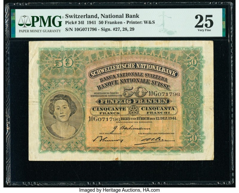 Switzerland National Bank 50 Franken 12.12.1941 Pick 34l PMG Very Fine 25. Rust....