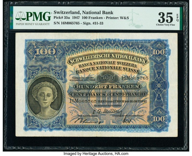 Switzerland National Bank 100 Franken 16.10.1947 Pick 35u PMG Choice Very Fine 3...