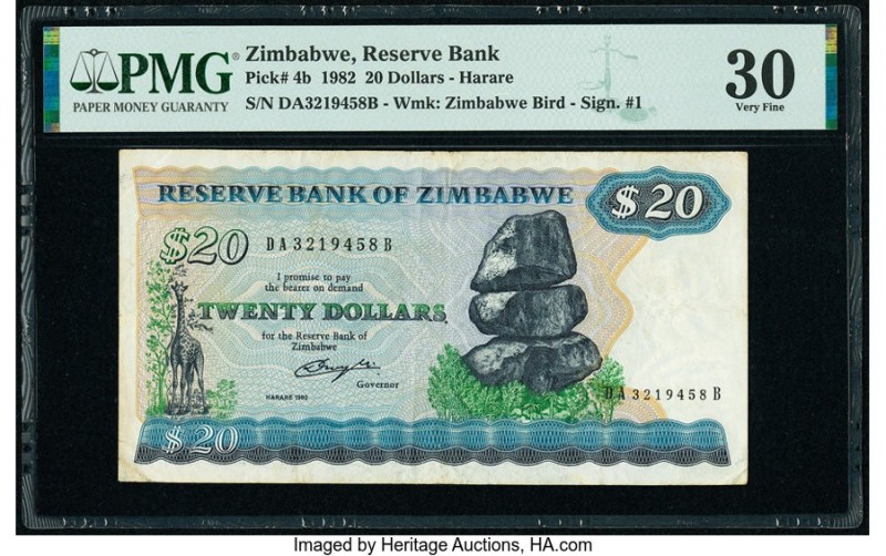 Scarce Key Note for Zimbabwe Reserve Bank of Zimbabwe 20 Dollars 1982 Pick 4b PM...