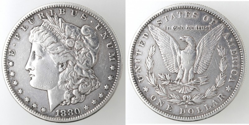 Monete Estere. USA. Dollaro Morgan 1880 S. Ag. KM 110. Peso 26,65 gr. qBB.