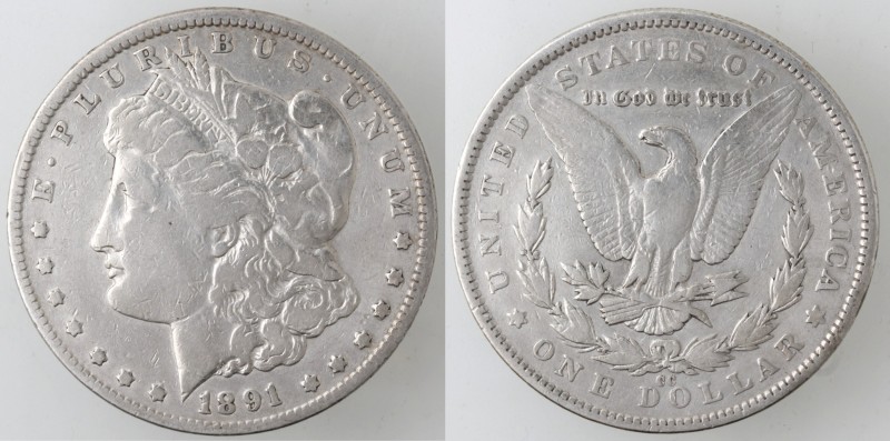 Monete Estere. USA. Dollaro Morgan 1891 CC. Ag. KM 110. Peso 26,36 gr. qBB.