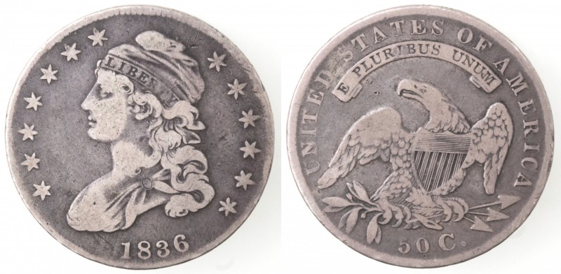 Monete Estere. USA. Mezzo Dollaro 1836. Ag. Km. 37. Peso gr. 13,16. qBB. Patina.