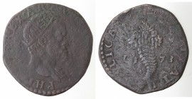 Napoli. Filippo II. 1556-1598. Tornese 1573. Moneta inedita perché senza testina di medusa sul collo. Ae.