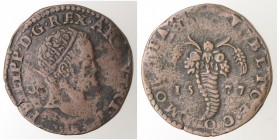 Napoli. Filippo II. 1556-1598. Tornese 1577. Dietro la testa GR. Sotto il busto 1575 VP. Ae.