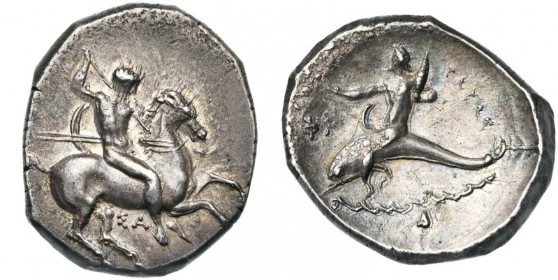 CALABRE, TARENTE, AR nomos, vers 330 av. J.-C. D/ Cavalier au galop à d., ten. u...
