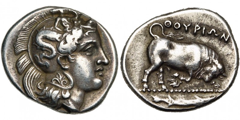 LUCANIE, THOURIOI, AR statère, vers 350 av. J.-C. D/ T. casquée d''Athéna à d., ...