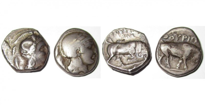 LUCANIE, THOURIOI, lot de 2 statères en argent: vers 350 av. J.-C., T. casquée d...