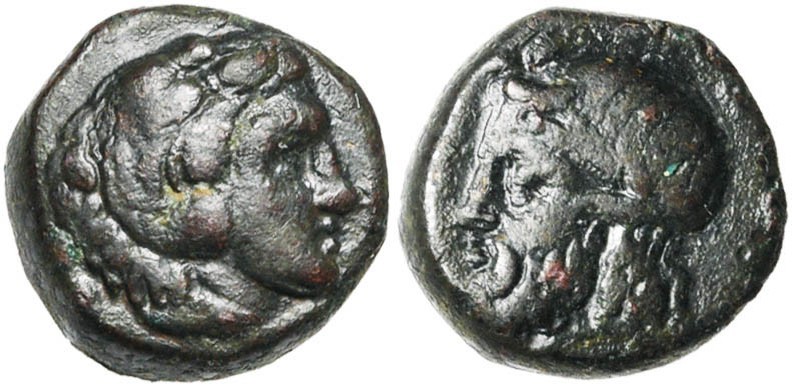 SICILE, GELA, AE bronze, 339-310 av. J.-C. D/ T. d''Héraclès à d., coiffé de la ...
