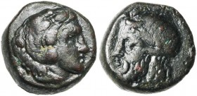 SICILE, GELA, AE bronze, 339-310 av. J.-C. D/ T. d''Héraclès à d., coiffé de la dépouille de lion. R/ T. barbue, diad. du dieu-fleuve à g. Jenkins, Ge...