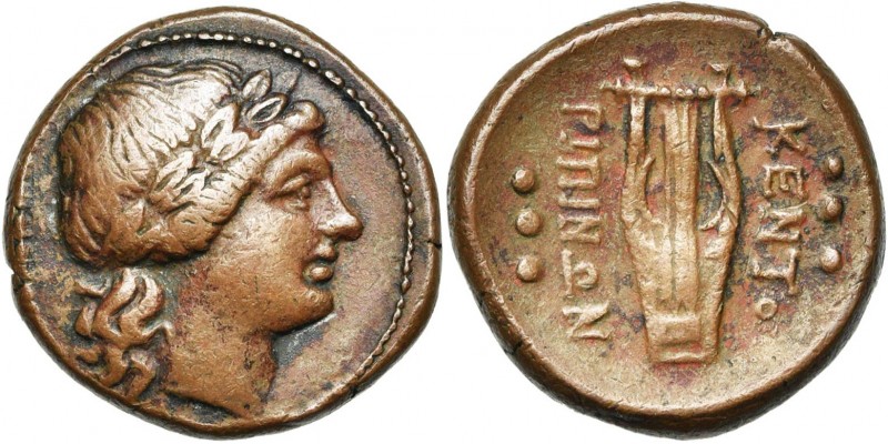 SICILE, KENTORIPAI, AE hémilitre, 3e s. av. J.-C. D/ T. l. d''Apollon à d. R/ KE...