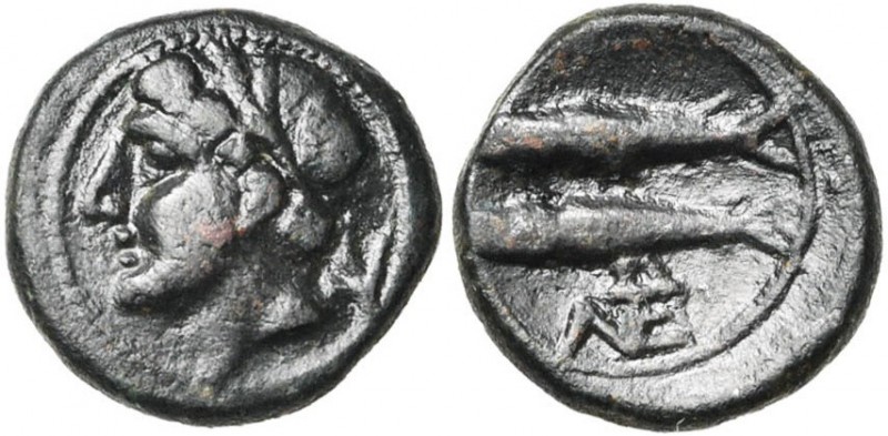 SICILE, LEONTINOI, onkia, 405-402 av. J.-C. D/ T. l. d''Apollon à g. Derrière, a...