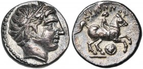 ROYAUME DE MACEDOINE, Philippe II (359-336), AR 1/5 de tétradrachme, 323-316 av. J.-C., Amphipolis. D/ T. diad. d''Apollon à d. R/ ΦΙΛΙΠΠΟY Cavalier a...