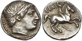 ROYAUME DE MACEDOINE, Philippe II (359-336), AR 1/5e tétradrachme, 323-316 av. J.-C., Amphipolis. D/ T. d''Apollon à d., la t. ceinte d''un bandeau. R...