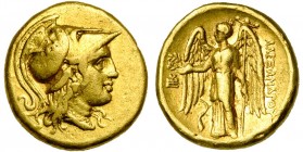 ROYAUME DE MACEDOINE, Alexandre III le Grand (336-323), AV statère, 321-320 av. J.-C., Sardes. D/ T. casquée d''Athéna à d. R/ ΑΛΕΞΑΝΔPOY Niké deb. à ...