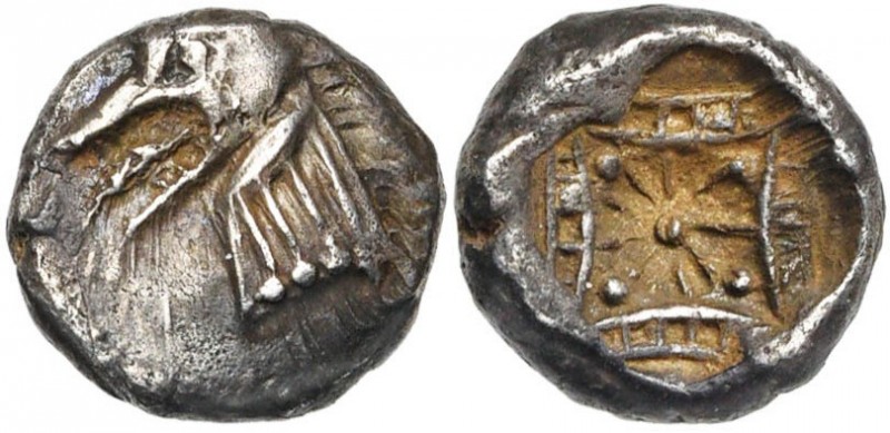 CARIE, KINDYA, AR diobole, vers 500-490 av. J.-C. D/ T. de ketos à g. R/ Petit c...