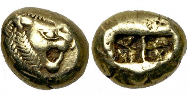 ROYAUME DE LYDIE, El. trité, 600-590 av. J.-C., Sardes. D/ T. de lion à d., la g...