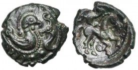 GAULE BELGIQUE, Ambiani, AE bronze, vers 60-30 av. J.-C. D/ Canard voguant à d., entouré de lignes perlées et bouletées. Devant, protome d''animal cor...