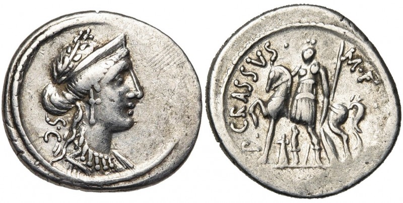 P. Crassus, AR denier, 55 av. J.-C., Rome. D/ B. dr. de Vénus à d., coiffée d''u...