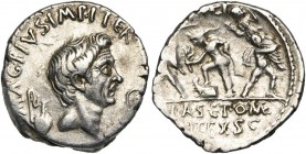 Sextus Pompeius Magnus, AR denier, 42-40 av. J.-C., Sicile. D/ MAG· PIVS· IMP· ITER T. de Pompée à d. A g., un vase à sacrifice. A d., un lituus. R/ P...