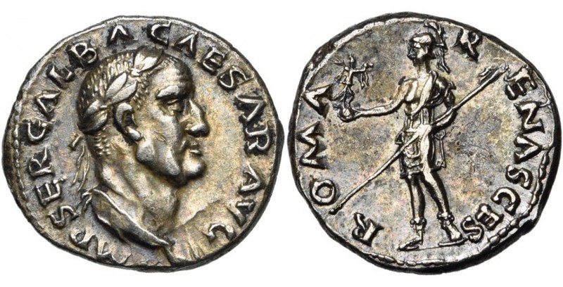 GALBA (68-69), AR denier, Rome. D/ IMP SER GALBA CAESAR AVG T. l. à d., le cou l...