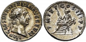 TRAJAN (98-117), AR denier, 100, Rome. D/ IMP CAES NERVA TRA-IAN AVG GERM T. l. à d. R/ P·M· TR· P· COS· III· P·P Abundantia assise à g. sur un siège ...