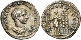 DIADUMENIEN César (217-218), AR denier, 217-218, Rome. D/ M OPEL ANT DIADVMENIAN CAES B. dr. à d. R/ PRINC IVVENTVTIS Diaduménien deb. à g., ten. un é...