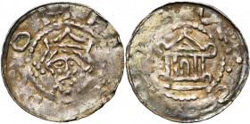 ALLEMAGNE, STADE, atelier impérial, Henri III (1039-1056), AR denier, après 1046. D/ T. couronnée de f. R/ Façade d''église. Dan. 720; Kluge 132. 0,92...