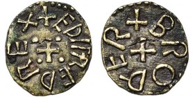 GRANDE-BRETAGNE, ROYAUME DE NORTHUMBRIE, Aethelred II, 1er règne (841-843), AE sceat. Monétaire Brother. D/ + EDILRED REX Croix cantonnée de quatre po...