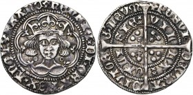 GRANDE-BRETAGNE, Henri VI, 1er règne (1422-1461), AR groat, 1422-1427, Calais. Annulet issue. Pierced cross (II). D/ B. cour. de f. dans un polylobe. ...