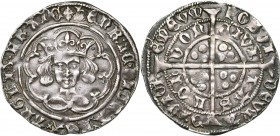 GRANDE-BRETAGNE, Henri VI, 1er règne (1422-1461), AR groat, 1445-1454, Londres. Leaf-pellet issue. D/ B. cour. de f. dans un polylobe. ANGLI dans la l...