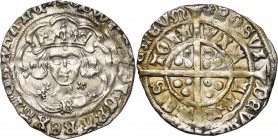 GRANDE-BRETAGNE, Edouard IV, 1er règne (1461-1470), AV groat, 1464-1470, Bristol. Monnayage léger. D/ B. cour. de f. dans un polylobe, entre deux saut...